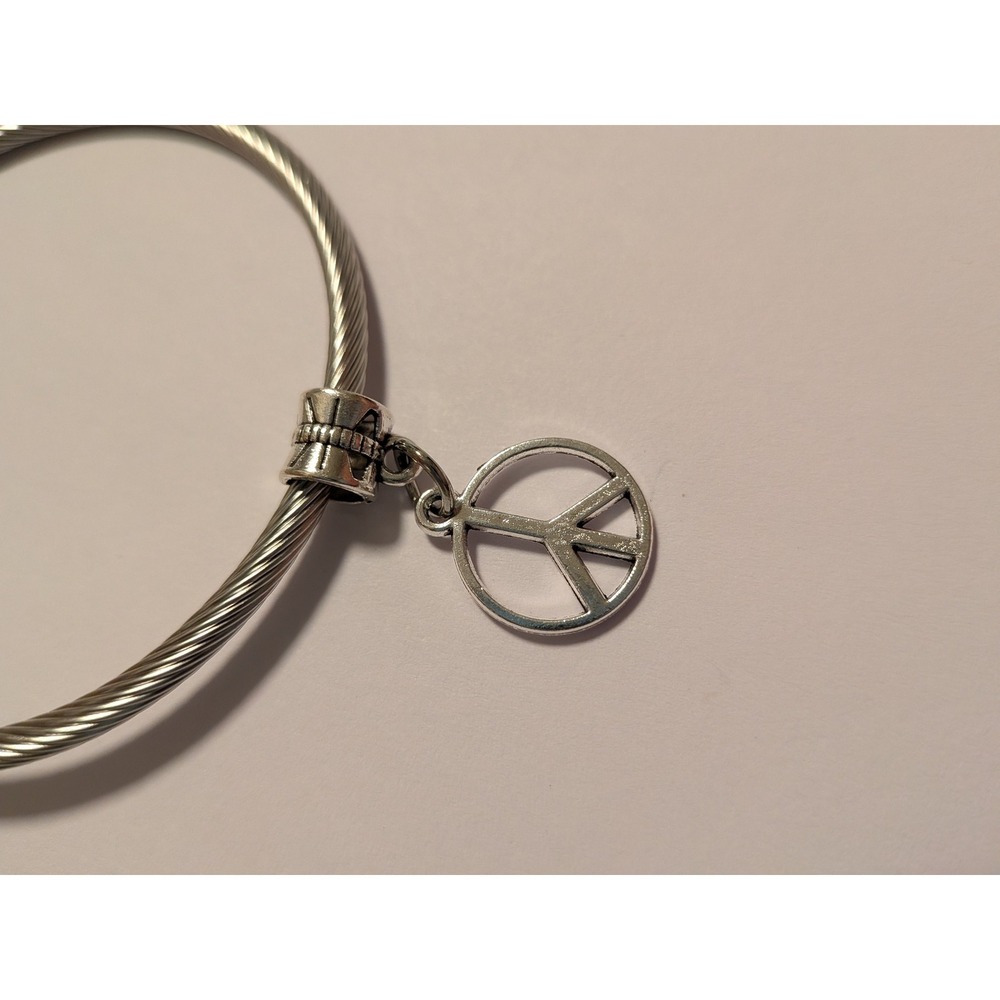Silver Tone Cable Wire Bangle Bracelet with Peace Sign Charm Dangle
